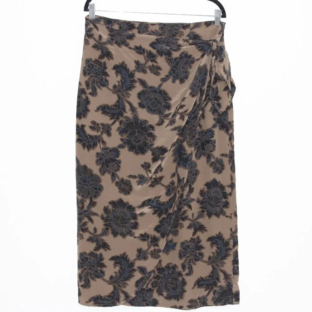 Jones New York 100% Silk Midi Skirt Size 16 Olive Green Floral